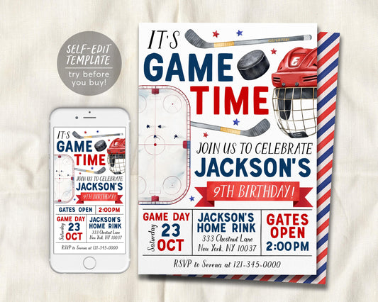 Ice Hockey Birthday Invitation Editable Template