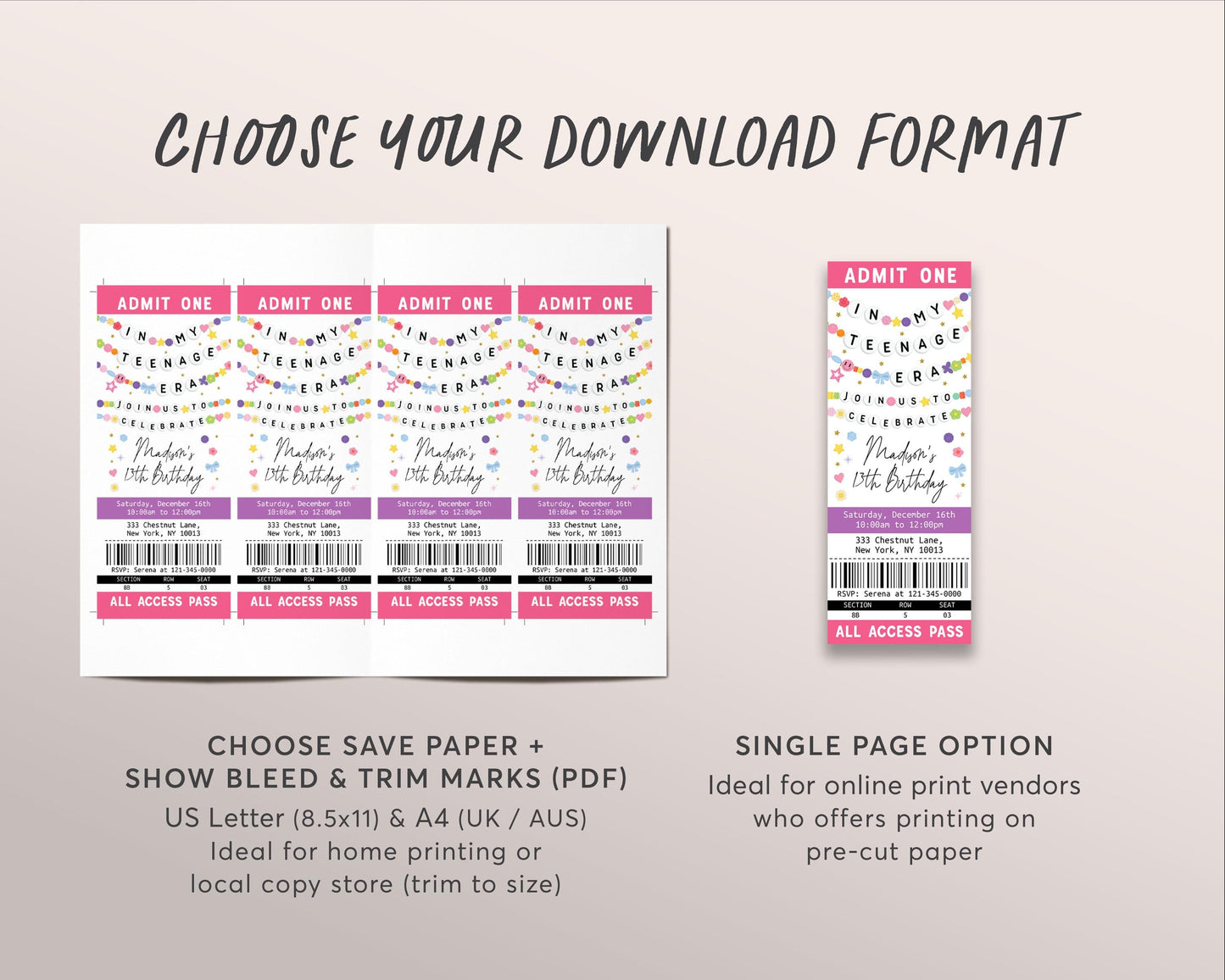 In My Teenage Era Ticket Invitation Editable Template, Friendship Bracelet Birthday Era Party Invite, Teen Thirteen 13th Birthday Girl Eras