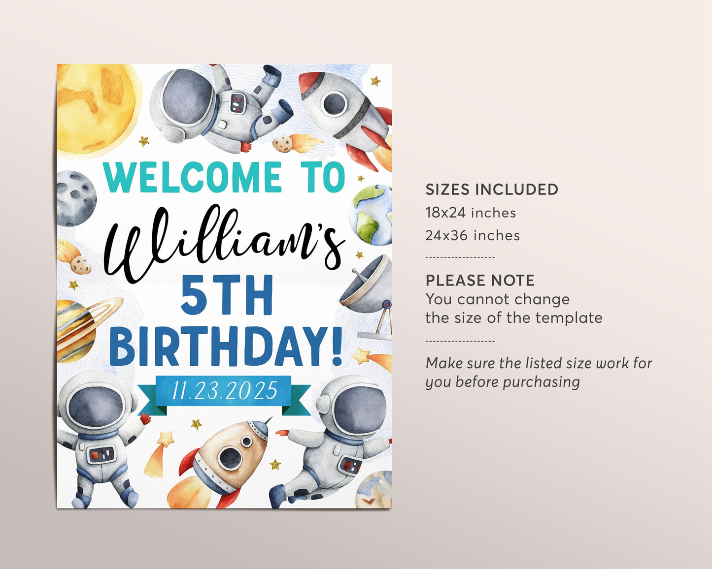 Outer Space Birthday Party Welcome Sign Editable Template, Boy Solar System Planets Galaxy Party Poster, Astronaut Rocket Ship Moon Decor