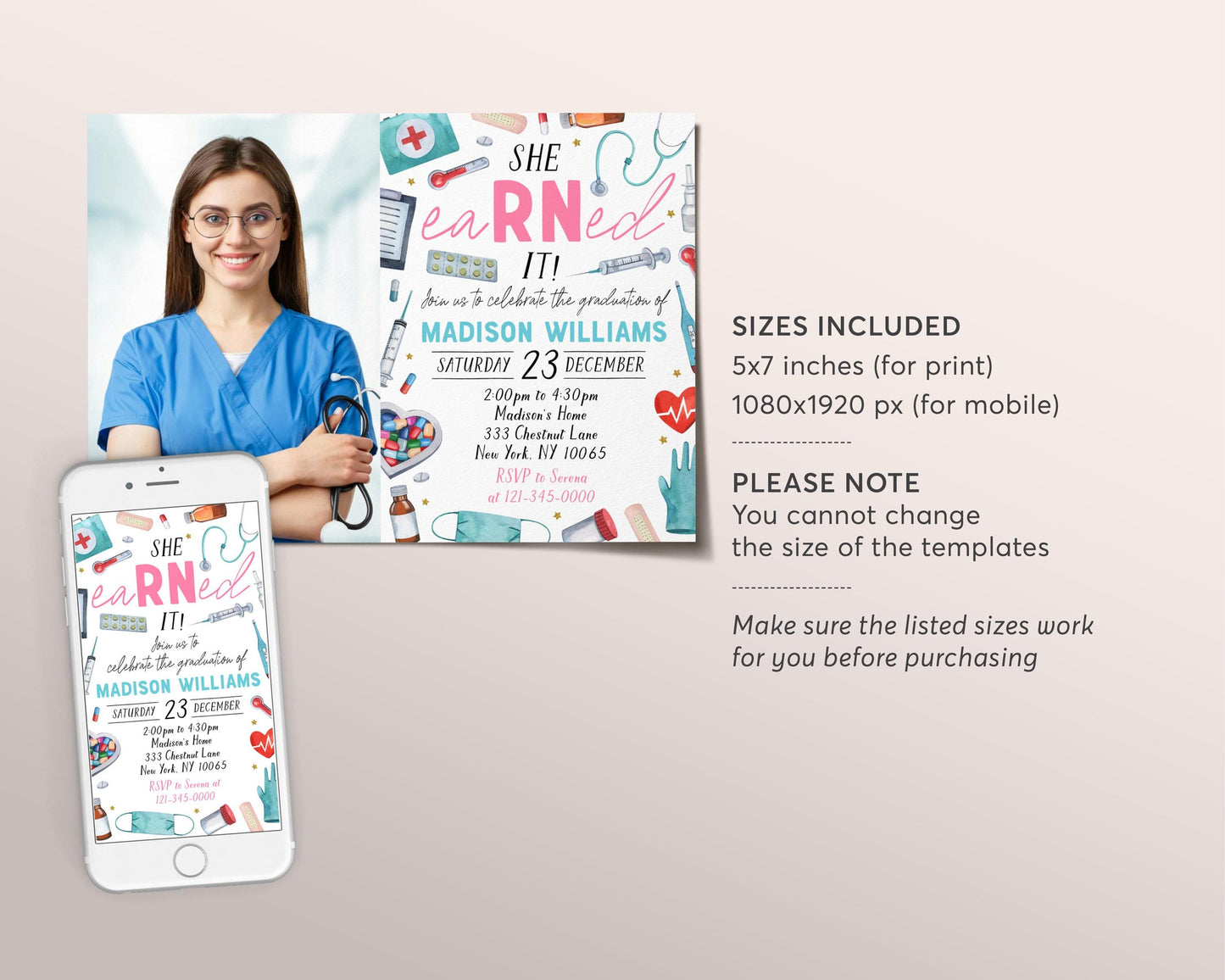 Nurse Graduation Invitation With Photo Editable Template, She eaRNed It RN Grad Announcement Party Invite Registered Nurse Pinning Ceremony