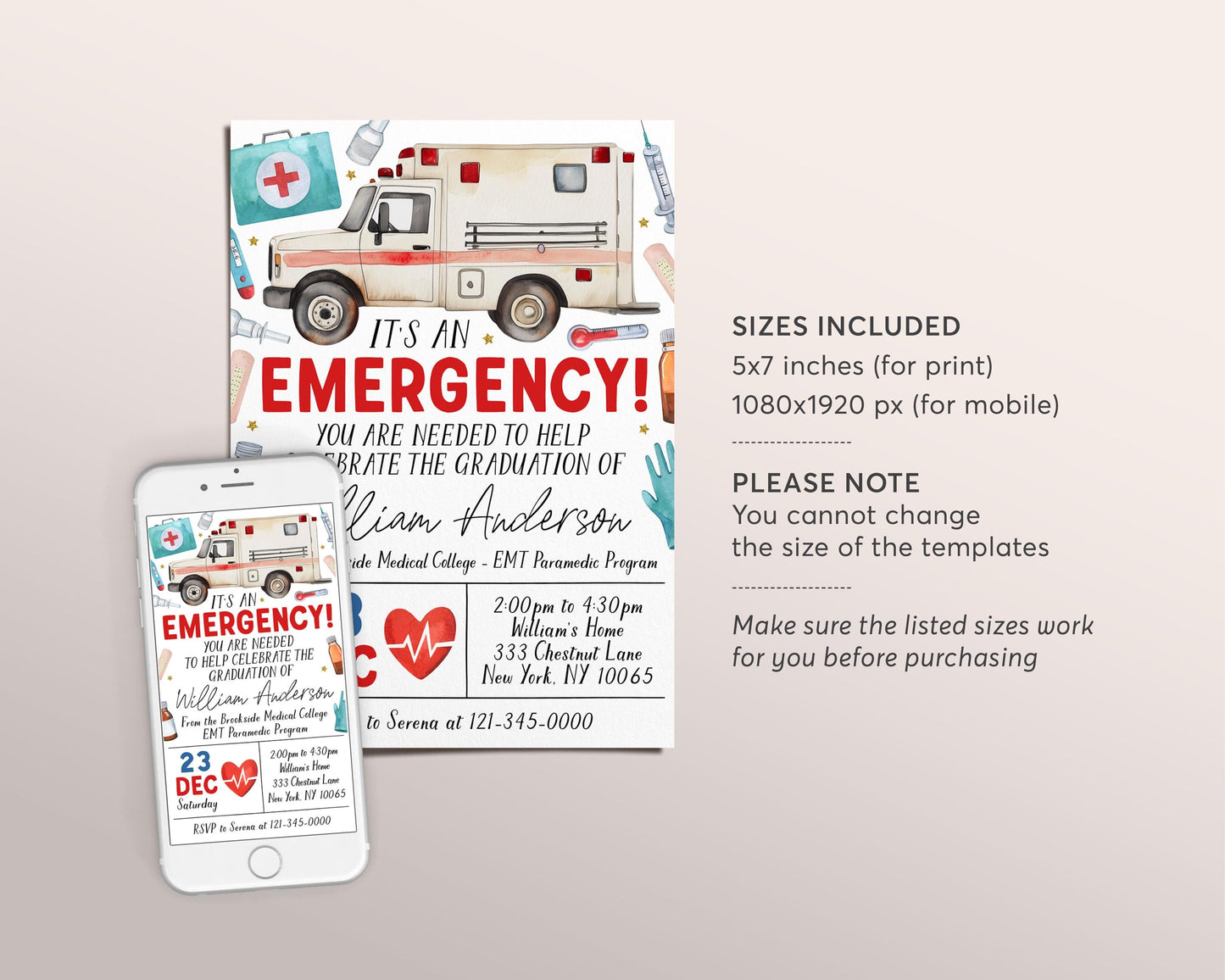 Paramedic EMT Graduation Invitation Editable Template, EMT Certification Grad Announcement Party Invite, Emergency Medical Technician Evite