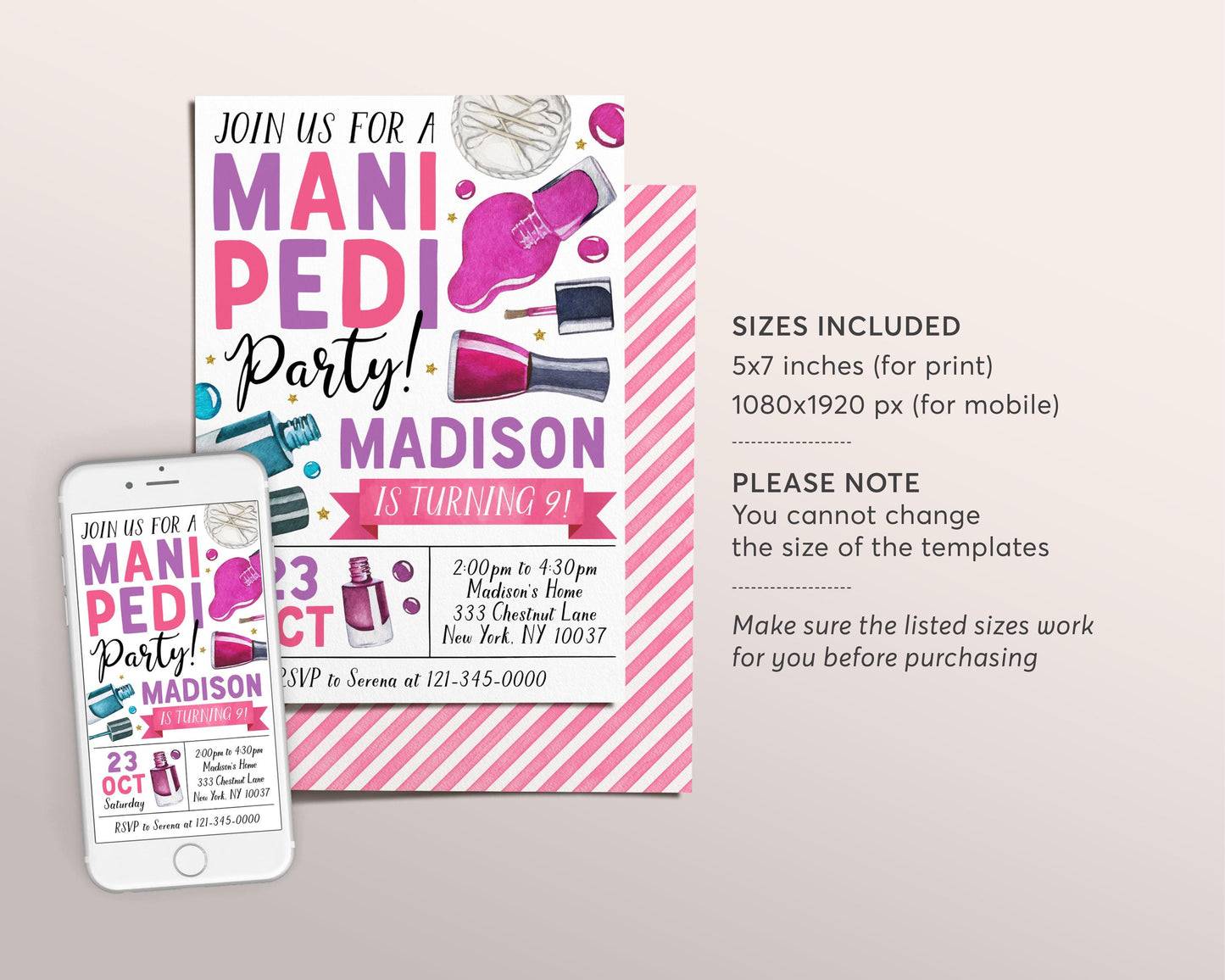Mani Pedi Birthday Party Invitation Editable Template, Manicure Pedicure Spa Day Birthday Invite, Girl Pamper Party Glam Nail Salon Party