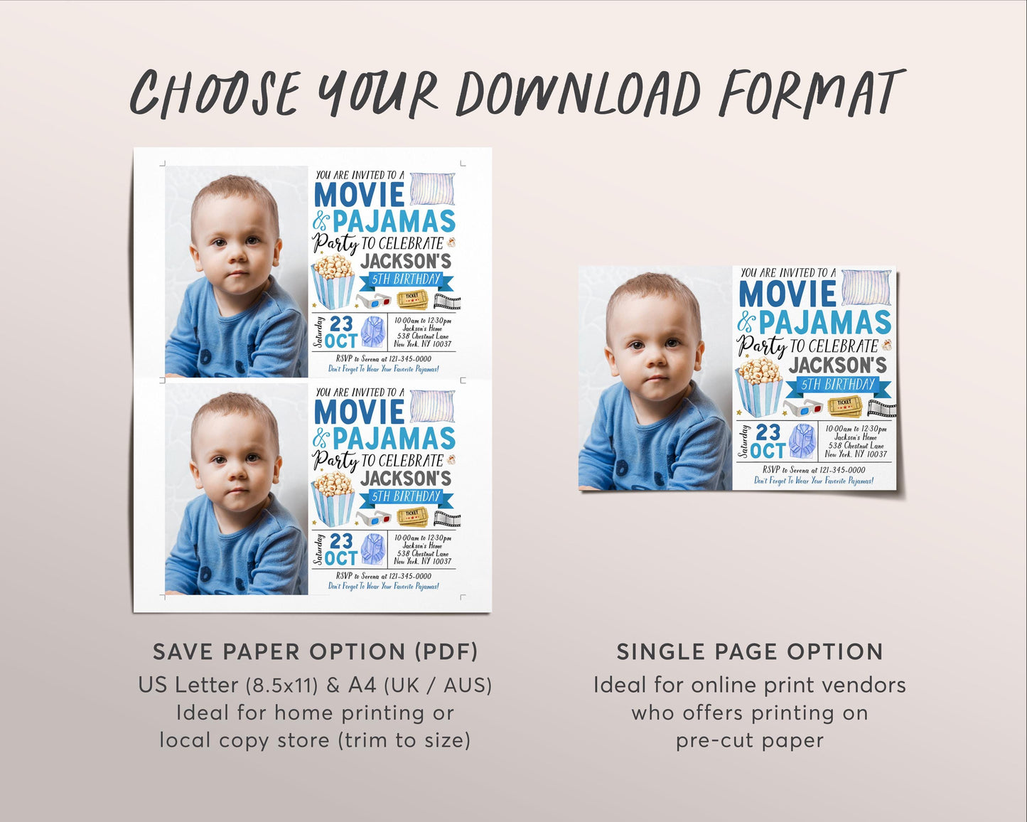 Movie and Pajamas Birthday Invitation With Photo Editable Template, Boy Slumber Party Popcorn Cinema Movie Ticket Invite, Sleepover Evite