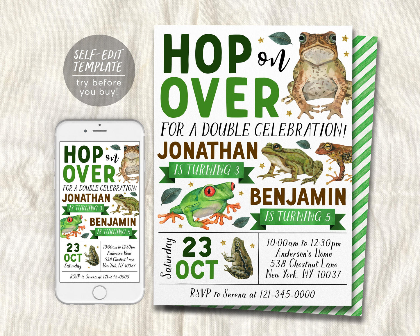 Frog Joint Siblings Birthday Invitation Editable Template