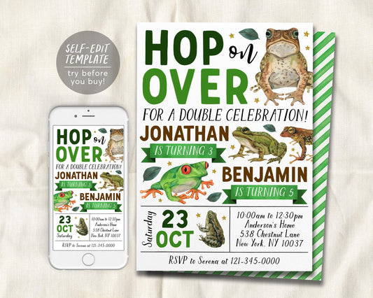 Frog Joint Siblings Birthday Invitation Editable Template