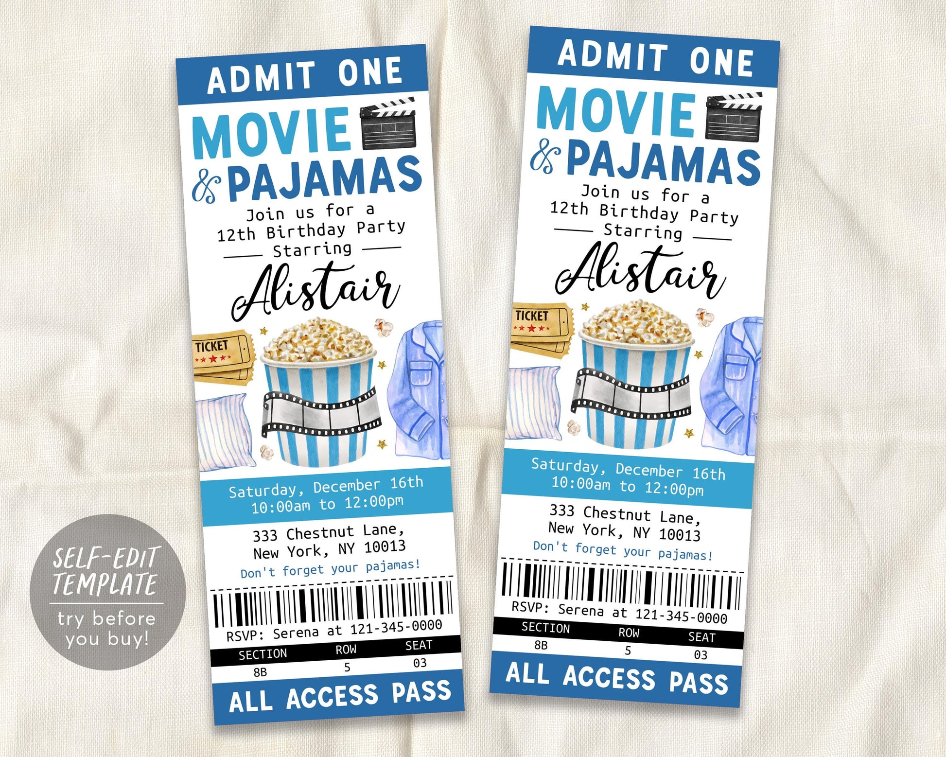Movie and Pajamas Birthday Ticket Invitation Editable Template