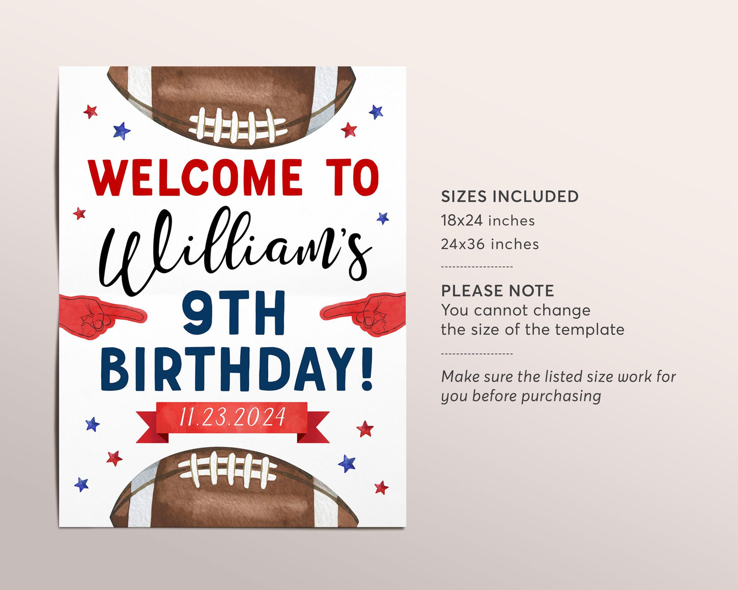 Football Birthday Welcome Sign Editable Template, Rookie Of The Year First Birthday Poster, American Football Sports It's Game Time Poster