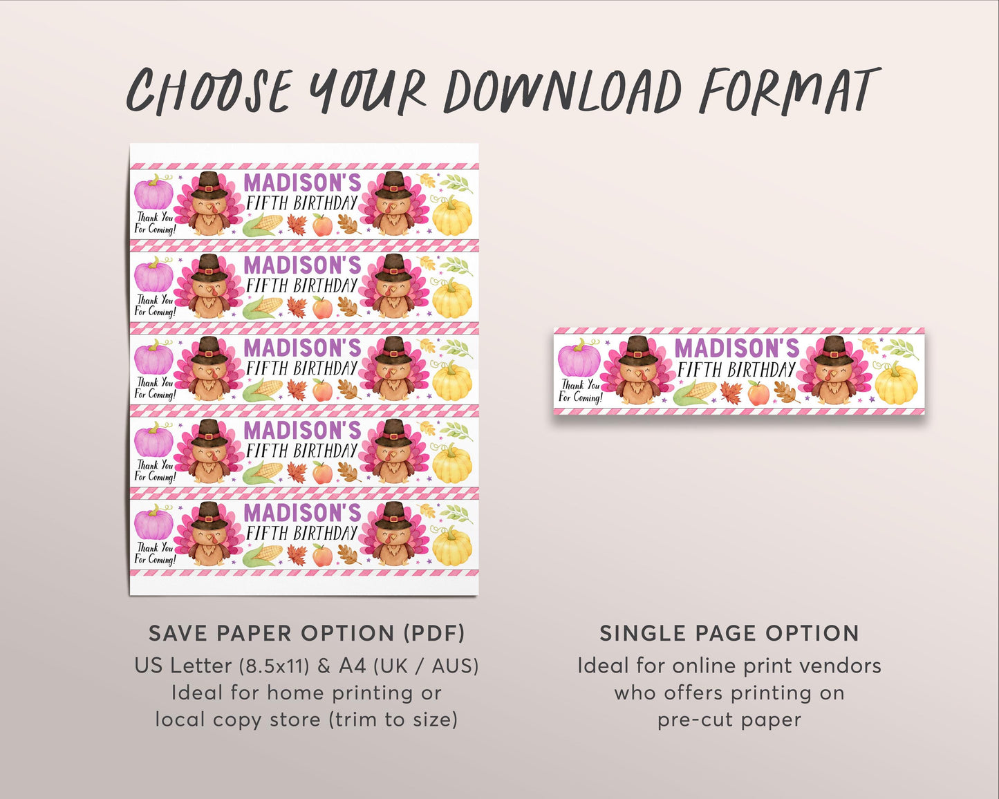 Little Turkey Water Bottle Labels Editable Template, Girl Thanksgiving Theme Birthday Bottle Wrapper Drink Tags, Autumn Fall Bottle Wraps