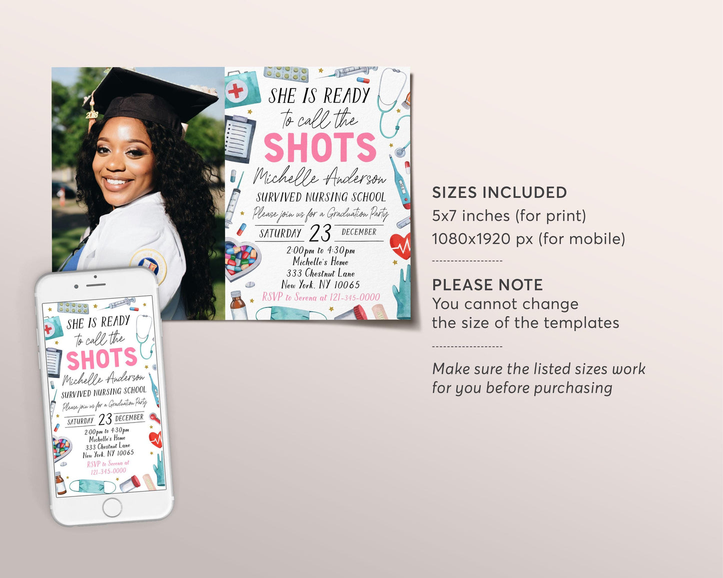 Nurse Graduation Invitation With Photo Editable Template, Nurse Grad Announcement Party Invite, Nursing School Ready to Call the Shots Evite