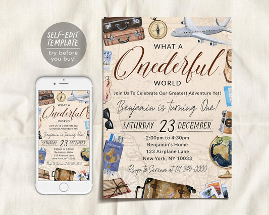 What A Onderful World First Birthday Invitation Editable Template