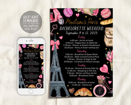 Paris Bachelorette Itinerary Editable Template