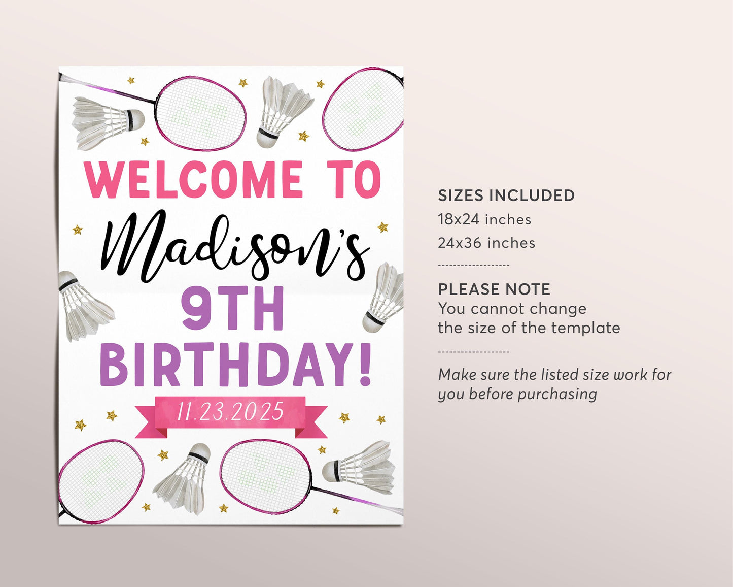 Badminton Birthday Welcome Sign Editable Template, Girl Badminton Birthday Party Poster, Sports Game Match Tournament Shuttlecock Poster