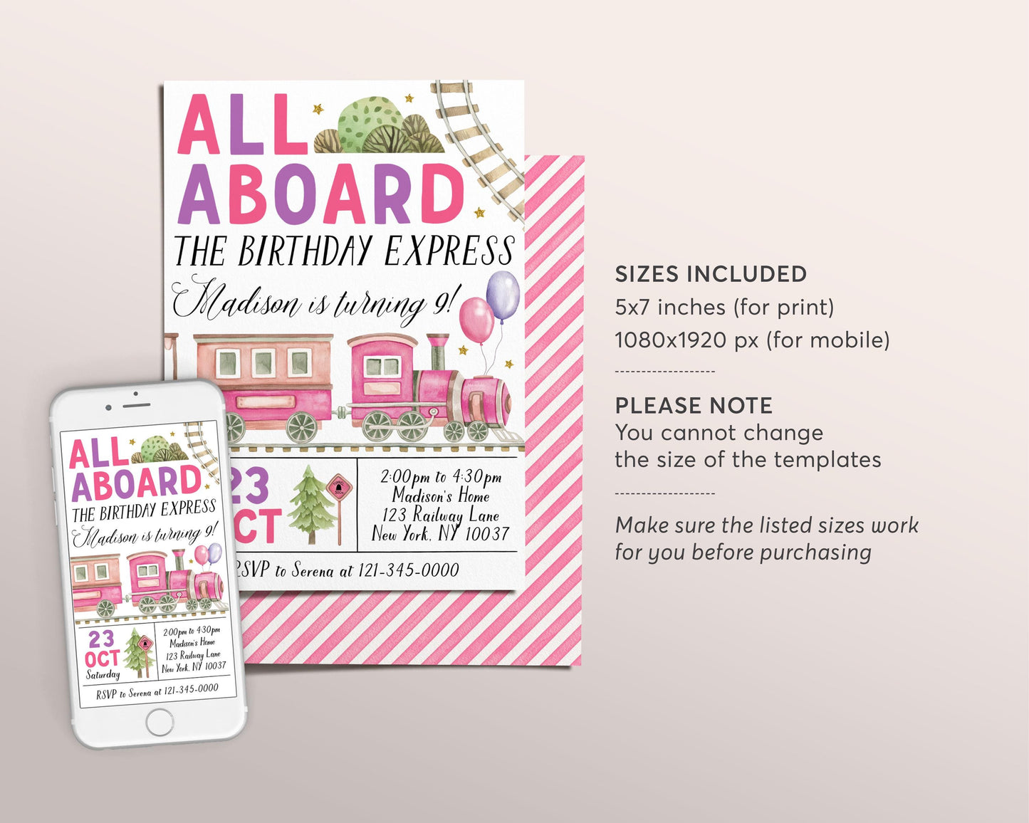 Train Birthday Invitation Editable Template, Girl Train Boarding Pass Party Invite, All Aboard The Birthday Express Admit One Travel Evite