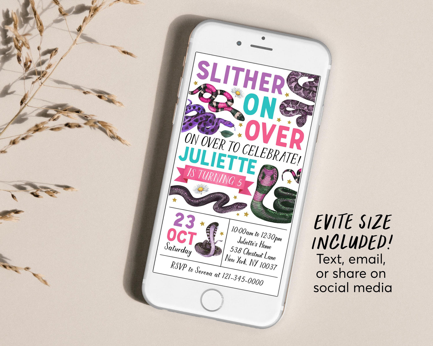 Snake Birthday Invitation Editable Template, Girl Slither On Over Reptile Show Nature Theme Party Invite, Kids Snakes And Cake Outdoor Evite