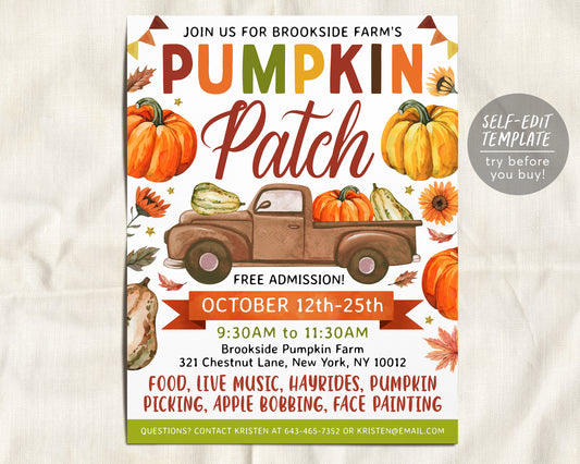 a pumpkin patch flyer with a truck and pumpkins