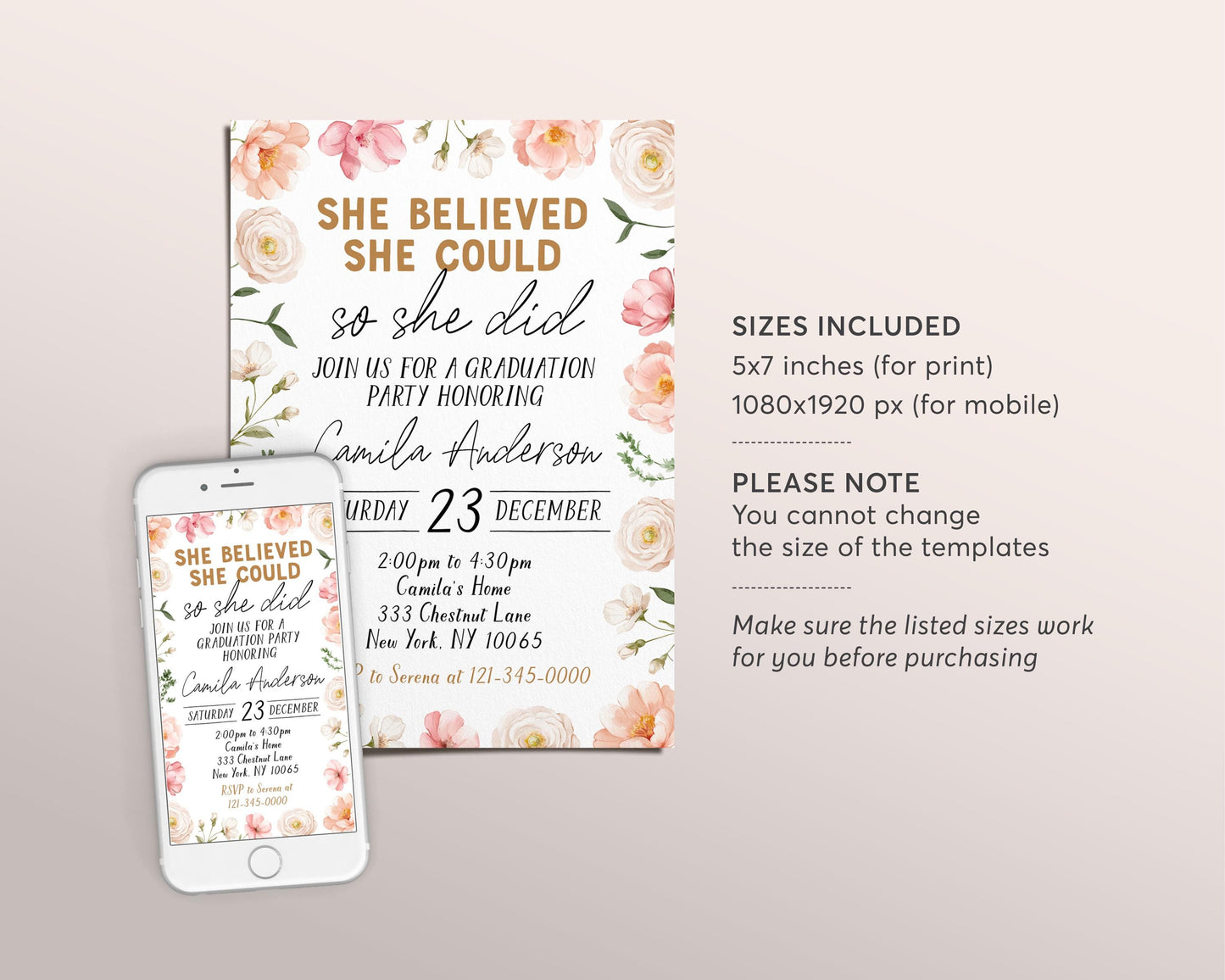 Graduation Floral Invitation Editable Template, Blush Floral Grad Announcement Party Invite for Her, She Believed She Could So She Did Evite