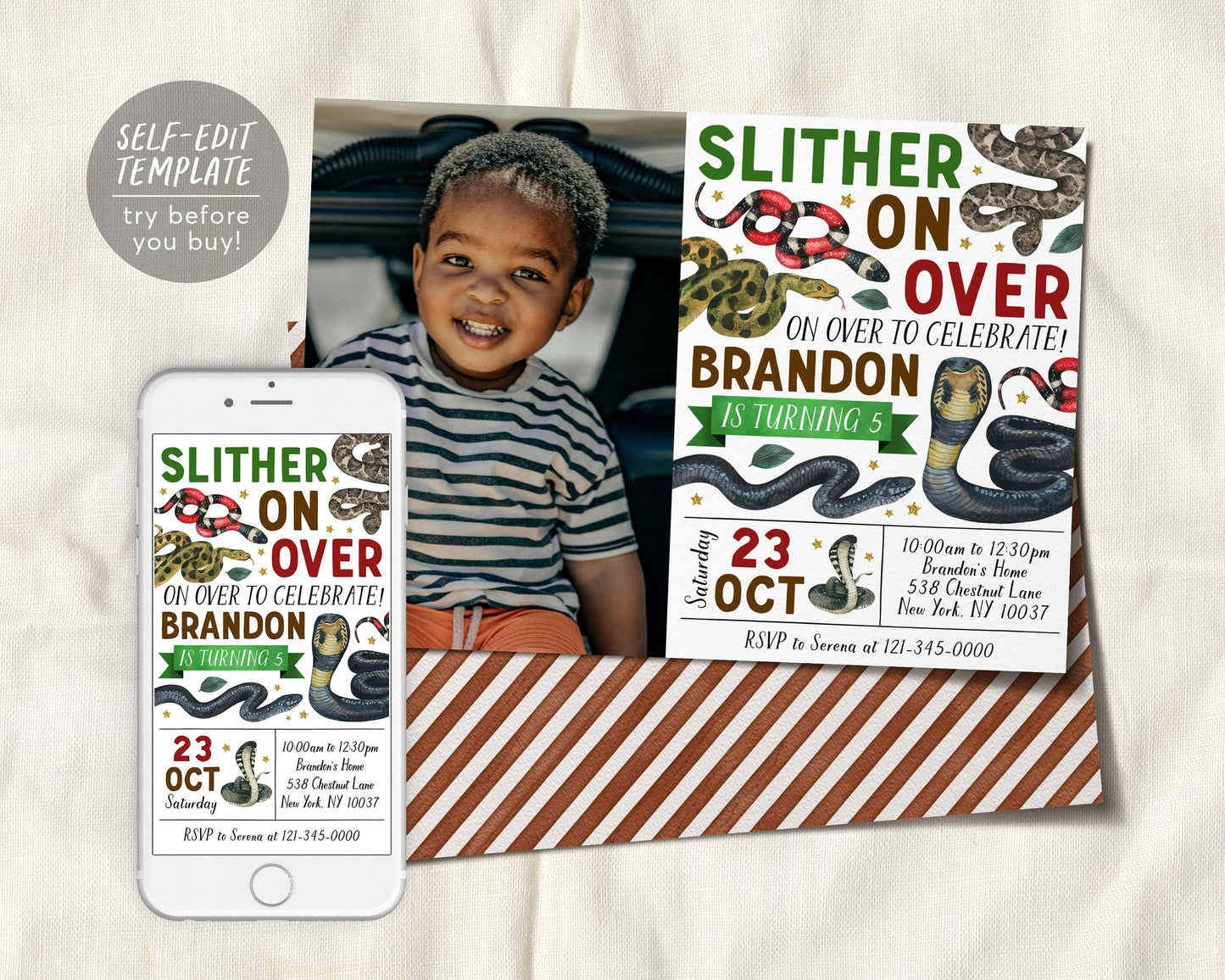Snake Birthday Invitation With Photo Editable Template
