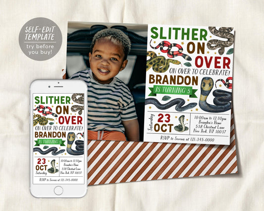 Snake Birthday Invitation With Photo Editable Template