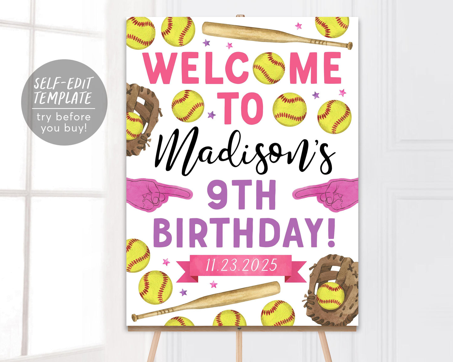 Softball Birthday Welcome Sign Editable Template