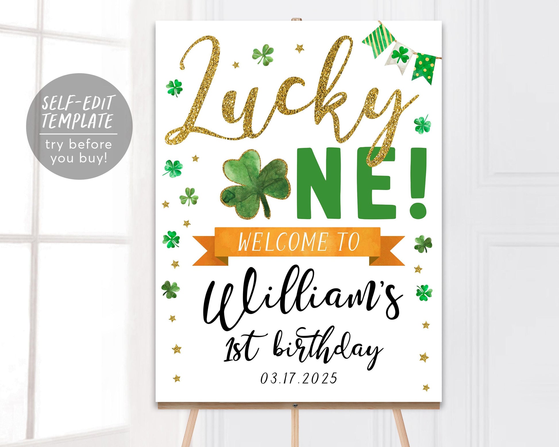 Lucky One Birthday Welcome Sign Editable Template