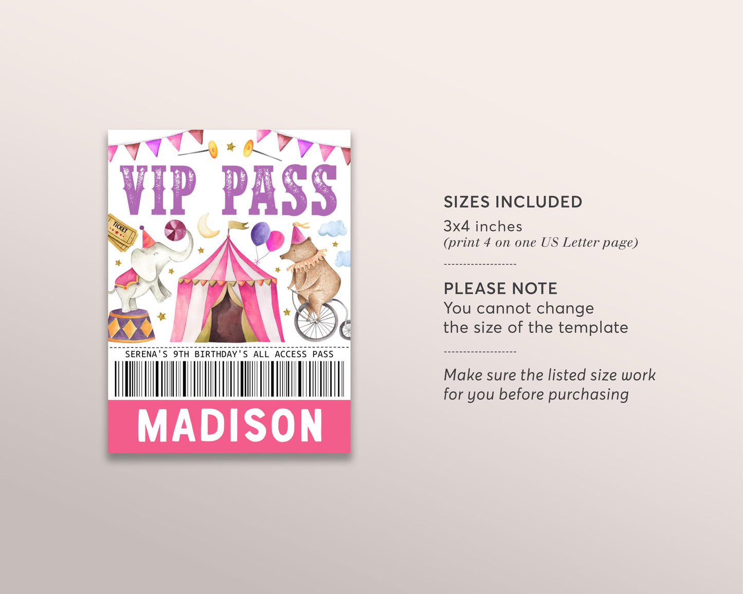 Circus Birthday All Star VIP Pass Editable Template, Girl Carnival Party All Access Pass, Come One Come All Guest Name Tag ID Badge Lanyard