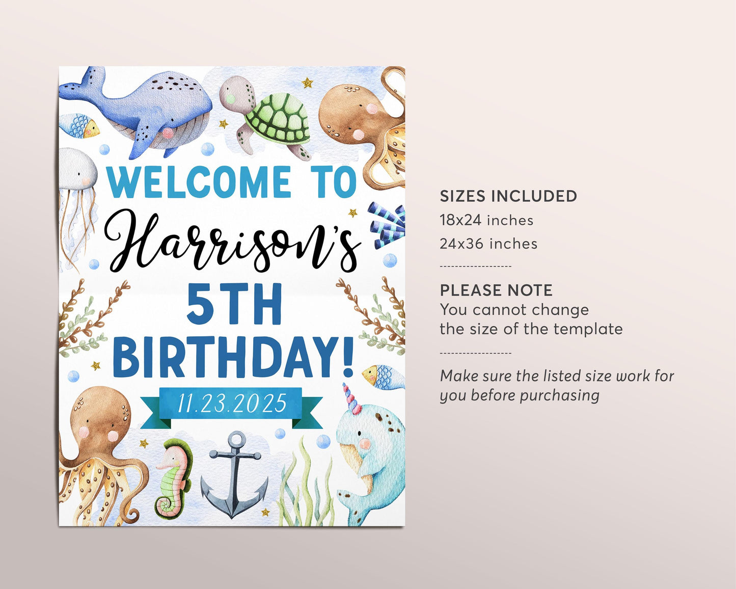 Under The Sea Birthday Welcome Sign Editable Template, Boy Oneder The Sea Ocean Animals Underwater Adventure Party Poster, Aquarium Trip Sea