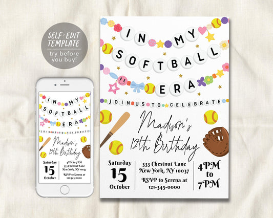 In My Softball Era Birthday Invitation Editable Template