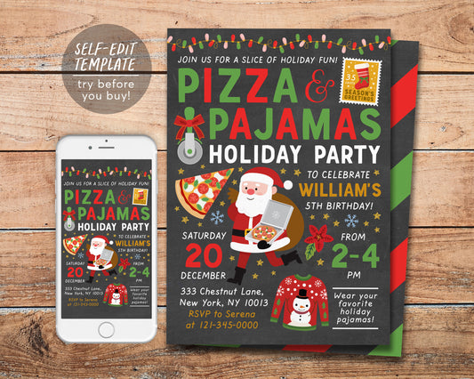 Christmas Pizza and Pajamas Party Invitation Editable Template, Holiday Birthday Party Invite, Kids Sleepover Party Digital Printable Santa