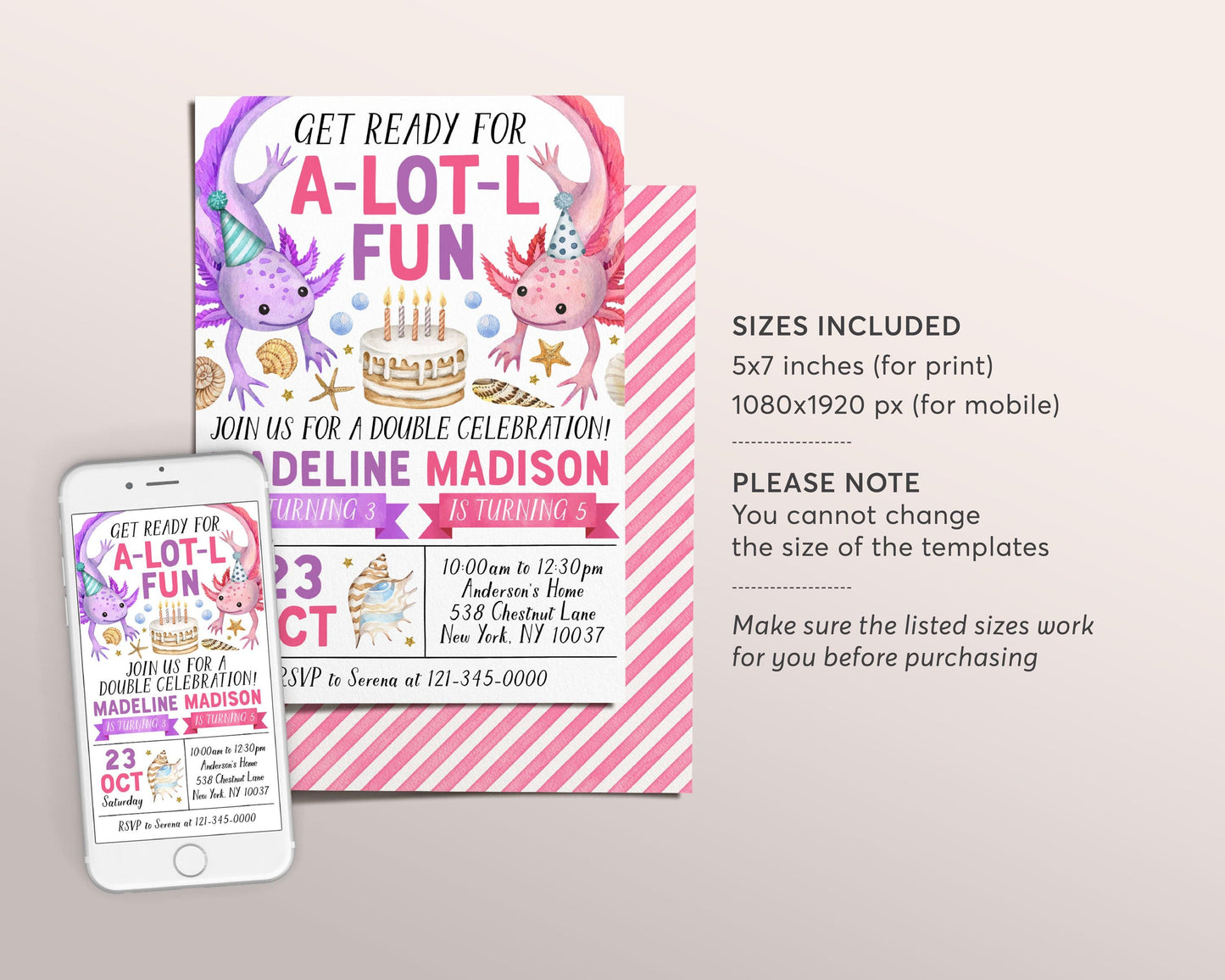 Axolotl Joint Siblings Birthday Invitation Editable Template, Sisters Twins Axolotl Alotl Fun Party Invite, Under The Sea Evite Seashells