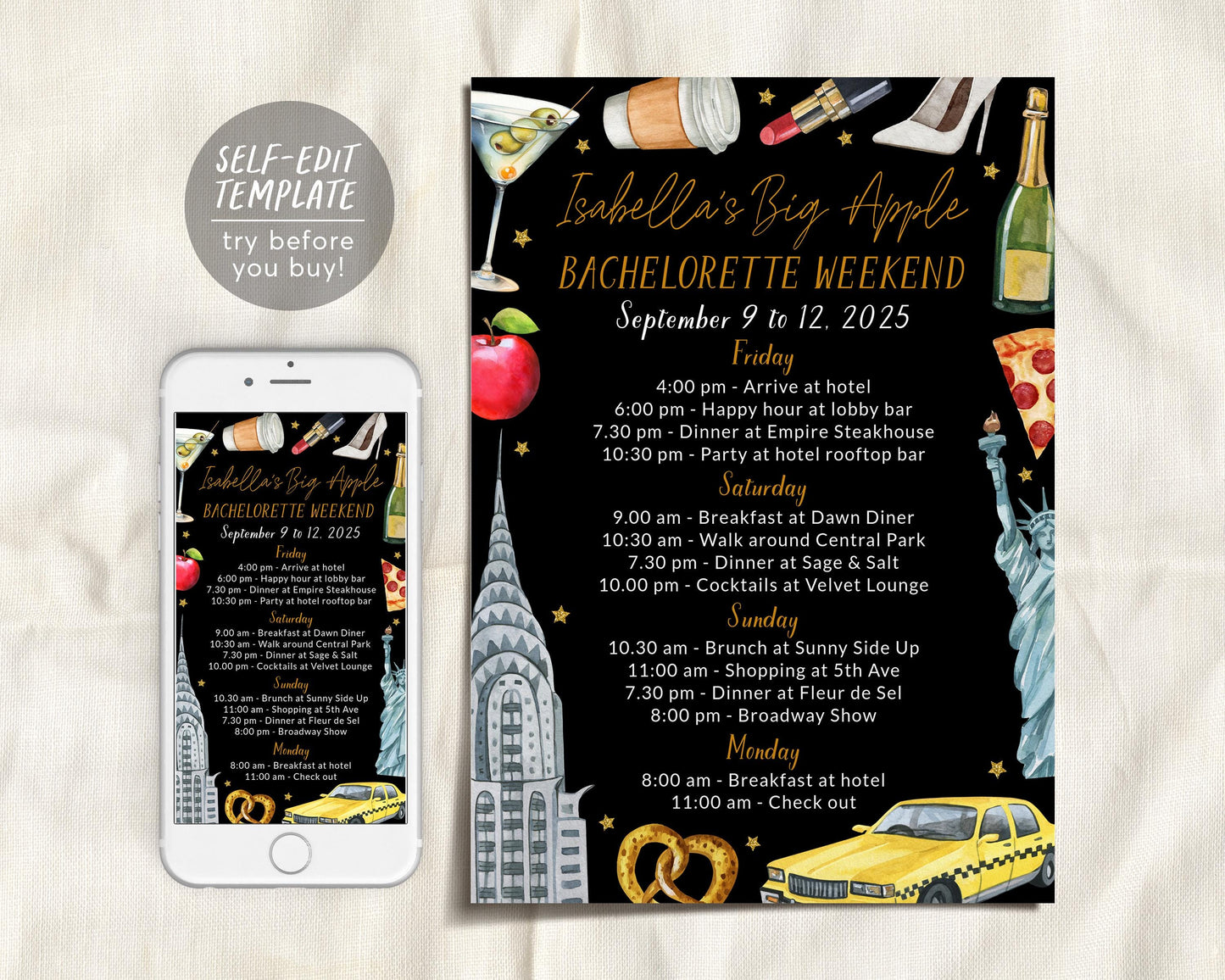 New York Bachelorette Itinerary Editable Template
