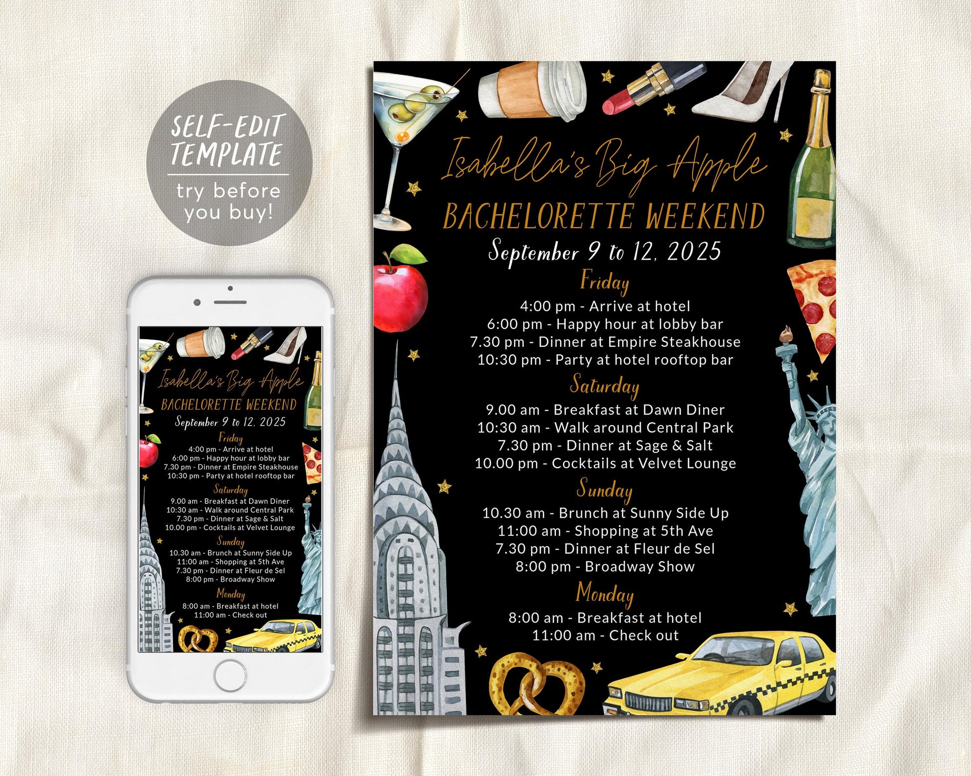 New York Bachelorette Itinerary Editable Template