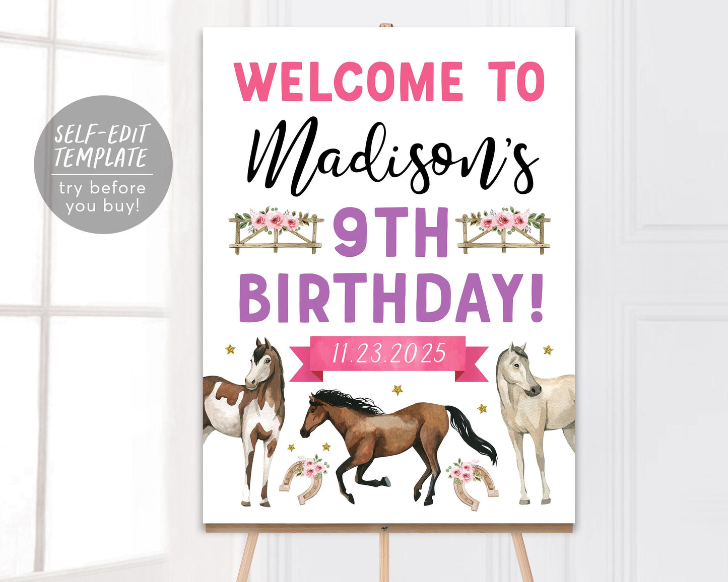 Horse Birthday Welcome Sign Editable Template