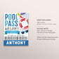 Pool Party Birthday VIP Pass Editable Template, Boy Summer Swimming Pool Pass Party All Access Pass, Guest Name Tag Insert ID Badge Lanyard