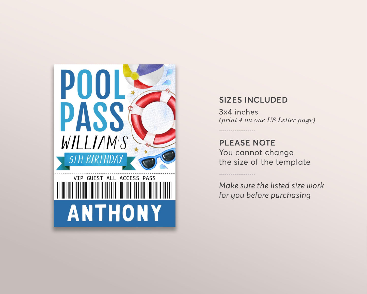 Pool Party Birthday VIP Pass Editable Template, Boy Summer Swimming Pool Pass Party All Access Pass, Guest Name Tag Insert ID Badge Lanyard