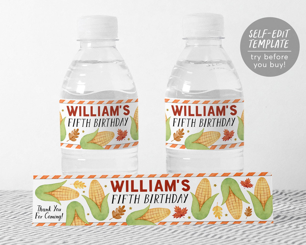Corn Water Bottle Labels Editable Template, Corn Field Autumn Birthday ...