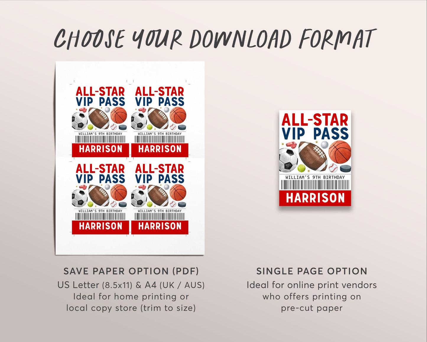 Sports Birthday All Star VIP Pass Editable Template, It's Game Time Party All Access Pass, Baseball Football Name Insert ID Badge Lanyard