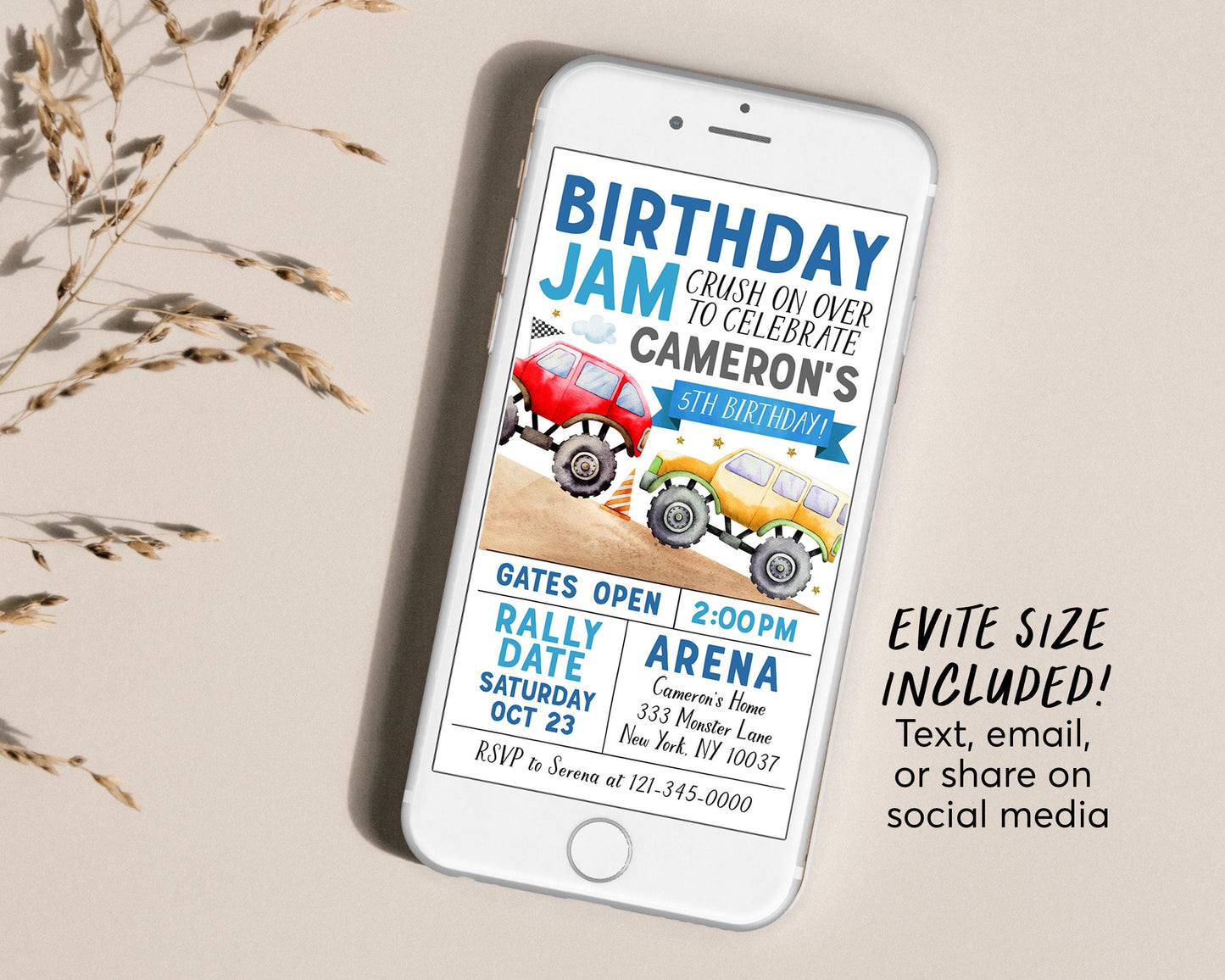 Birthday Monster Jam Birthday Invitation Editable Template, Monster Truck Party Invite, Boy Monster Truck Bash Crush On Over Evite Any Age