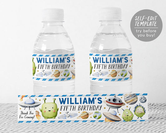 UFO Alien Party Water Bottle Labels Editable Template