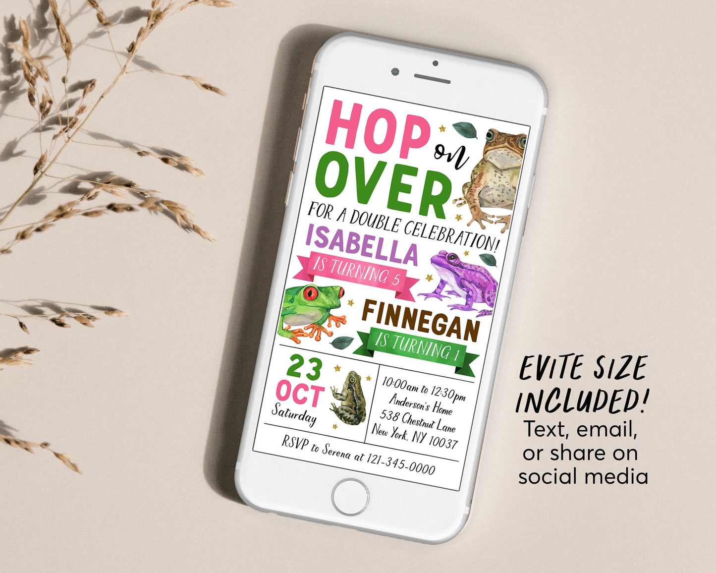 Frog Joint Siblings Birthday Invitation With Photo Editable Template, Girl Boy Twins Hop On Over Frogs Party Invite, Kids Pond Nature Evite