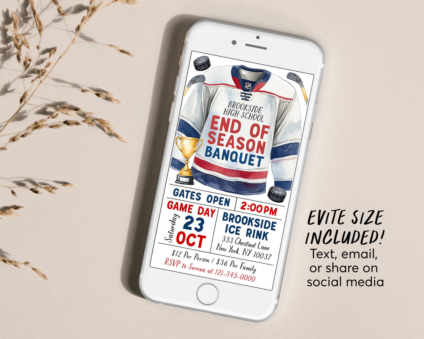 Hockey End of Season Sports Banquet Invitation Editable Template, Ice Hockey Jersey Awards Night Ceremony, Team Party Senior Parent Ceremony