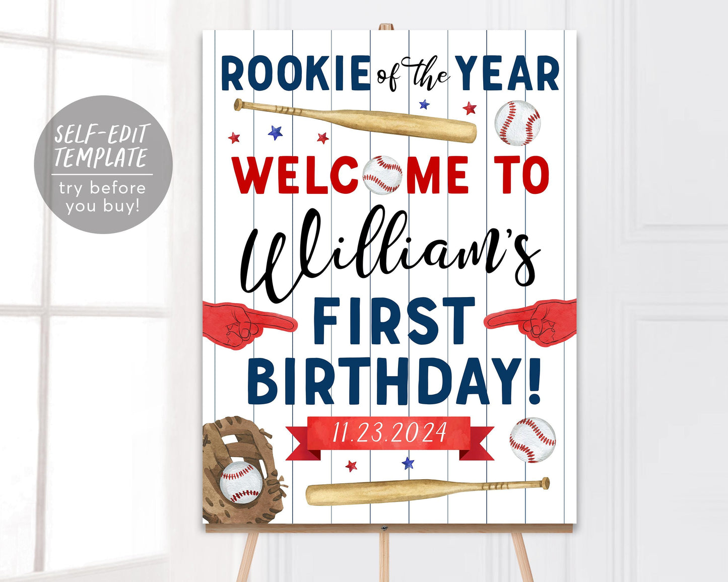 Baseball Birthday Welcome Sign Editable Template