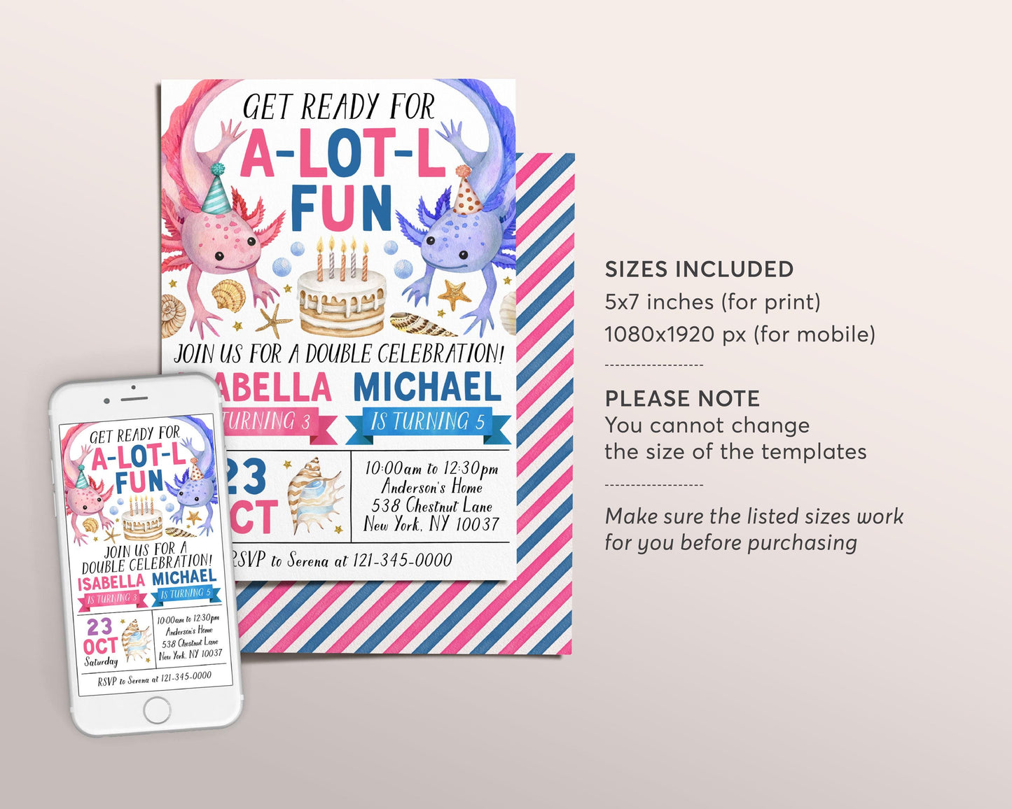 Axolotl Joint Siblings Birthday Invitation Editable Template, Boy Girl Twins Axolotl Alotl Fun Party Invite, Under The Sea Evite Seashells