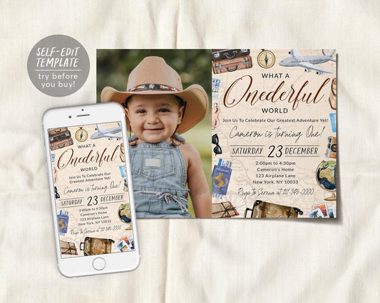 What A Onederful World First Birthday Invitation With Photo Editable Template