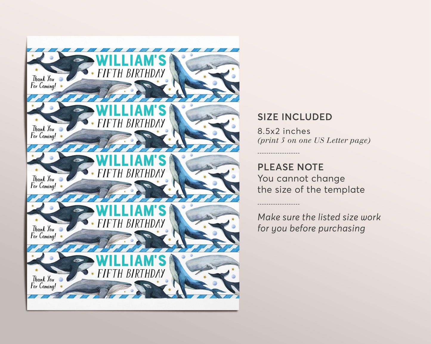 Whale Water Bottle Labels Editable Template, Boy Under The Sea Pool Party Birthday Party Drink Wrapper Tags, Ocean Water Bottle Wraps