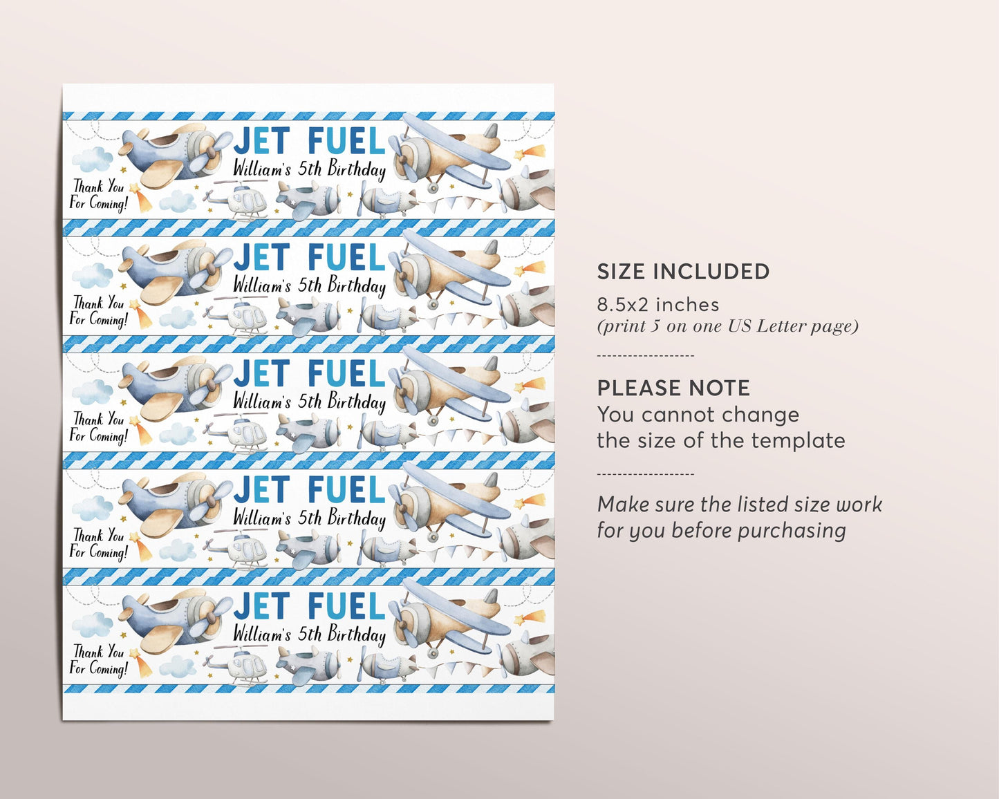 Airplane Party Water Bottle Labels Editable Template, Boy Plane Jet Fuel Birthday Party Bottle Wrapper Drink Tags, Vintage Aviation Wrap