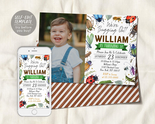 Bugs Insect Birthday Invitation With Photo Editable Template