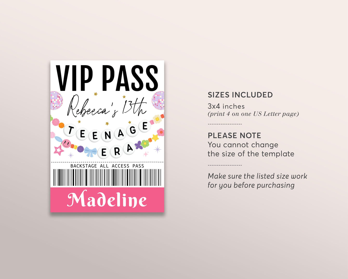 In My Teenage Era VIP Pass Editable Template, Eras Friendship Bracelet Music Party VIP Badge Teen Thirteen 13th VIP Insert for Lanyard Favor