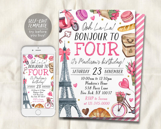 Paris Theme 4th Fourth Birthday Invitation Editable Template