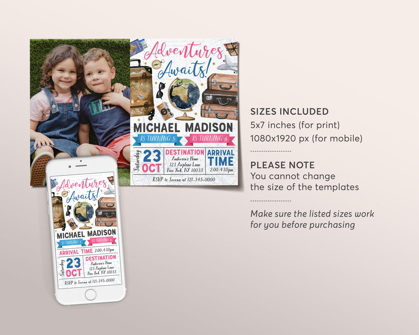 Adventure Awaits Travel Joint Siblings Birthday Invitation With Photo Editable Template, Twin Girl Boy Around the World Party Invite Evite