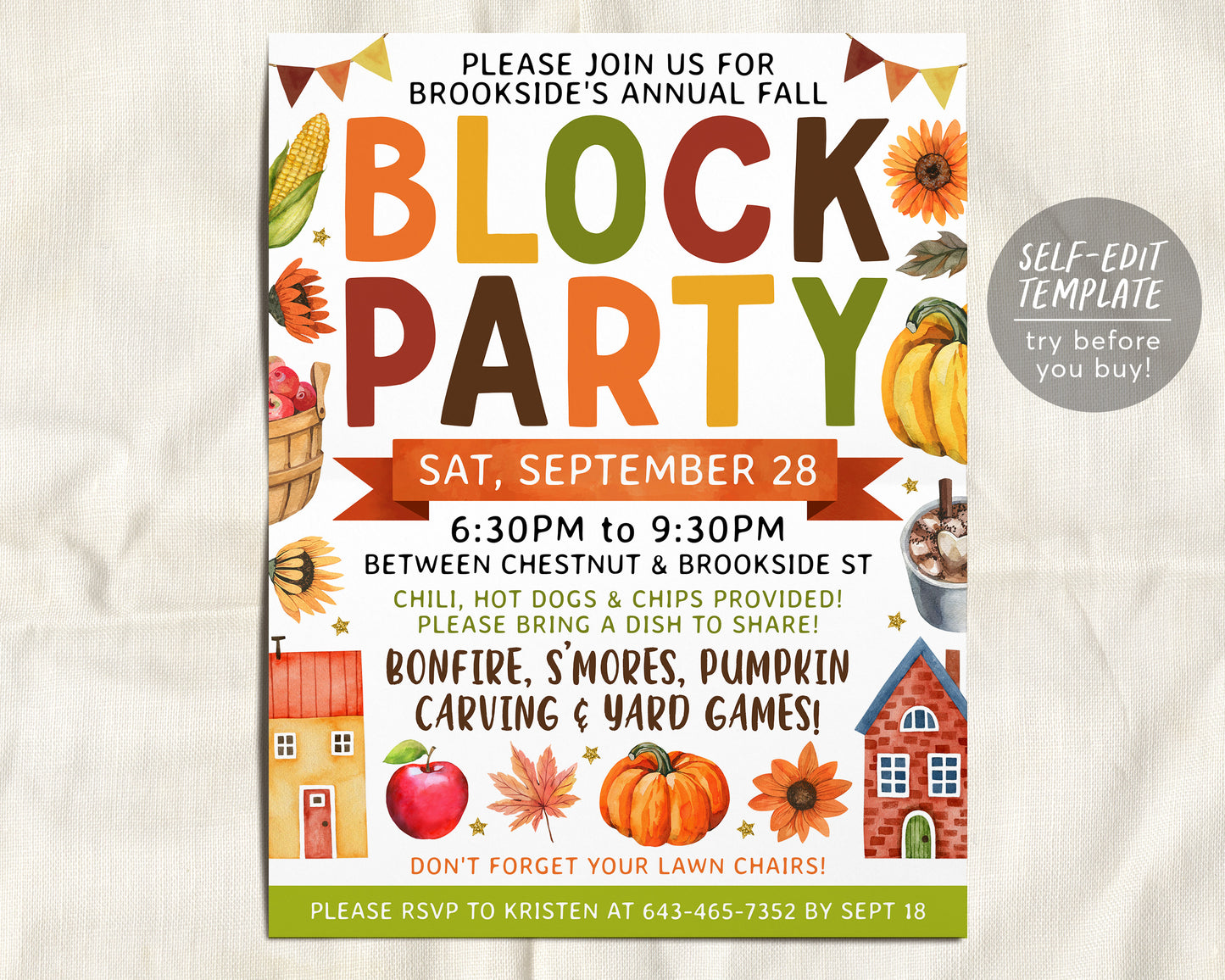 a flyer for a block party with pumpkins and a house